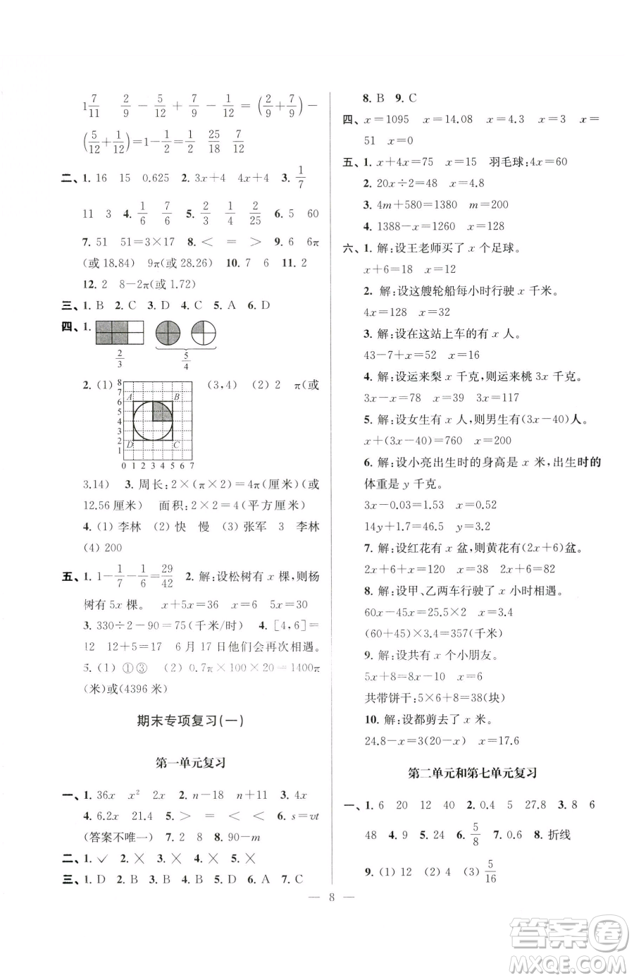 江蘇鳳凰美術(shù)出版社2023超能學典各地期末試卷精選五年級下冊數(shù)學蘇教版參考答案