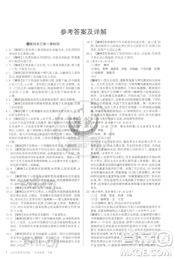 北京教育出版社2023山西名師原創(chuàng)試卷七年級下冊生物人教版參考答案