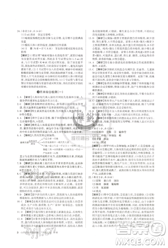 北京教育出版社2023山西名師原創(chuàng)試卷七年級下冊生物人教版參考答案