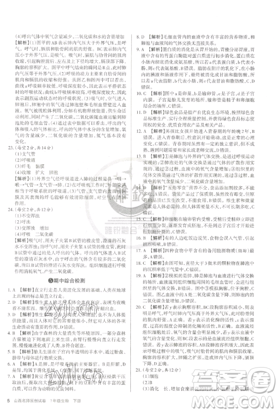 北京教育出版社2023山西名師原創(chuàng)試卷七年級下冊生物人教版參考答案