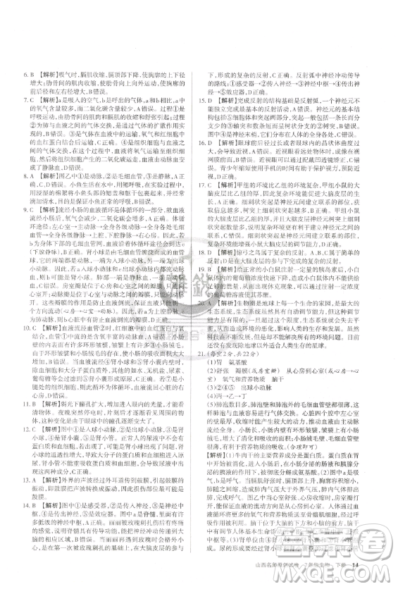 北京教育出版社2023山西名師原創(chuàng)試卷七年級下冊生物人教版參考答案