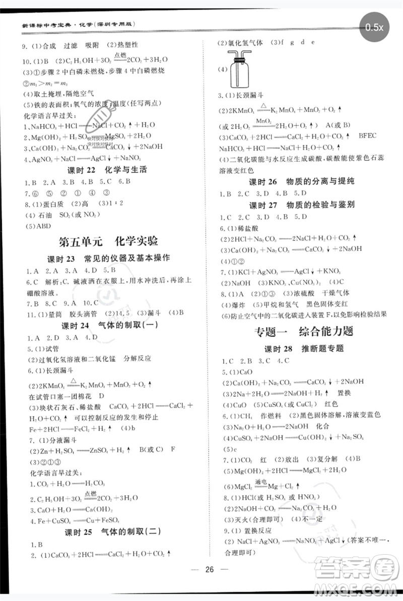 世界圖書出版公司2023新課標中考寶典九年級化學通用版深圳專版參考答案