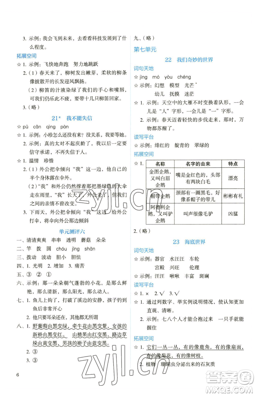 人民教育出版社2023人教金學(xué)典同步解析與測評三年級下冊語文人教版山西專用參考答案