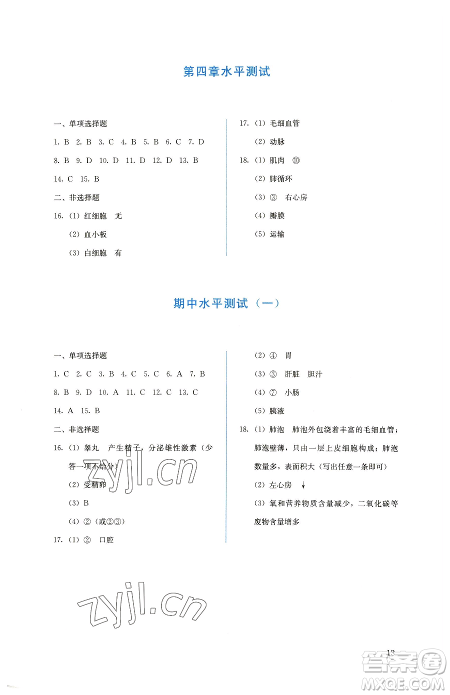 人民教育出版社2023人教金學(xué)典同步解析與測評七年級下冊生物人教版參考答案