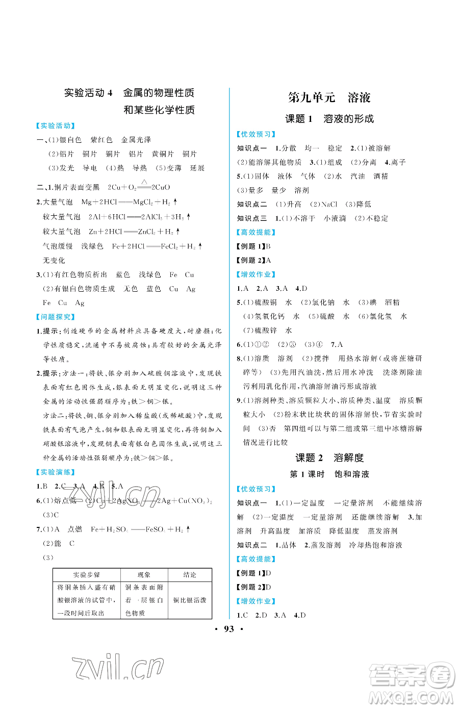 人民教育出版社2023人教金學典同步解析與測評九年級下冊化學人教版重慶專版參考答案