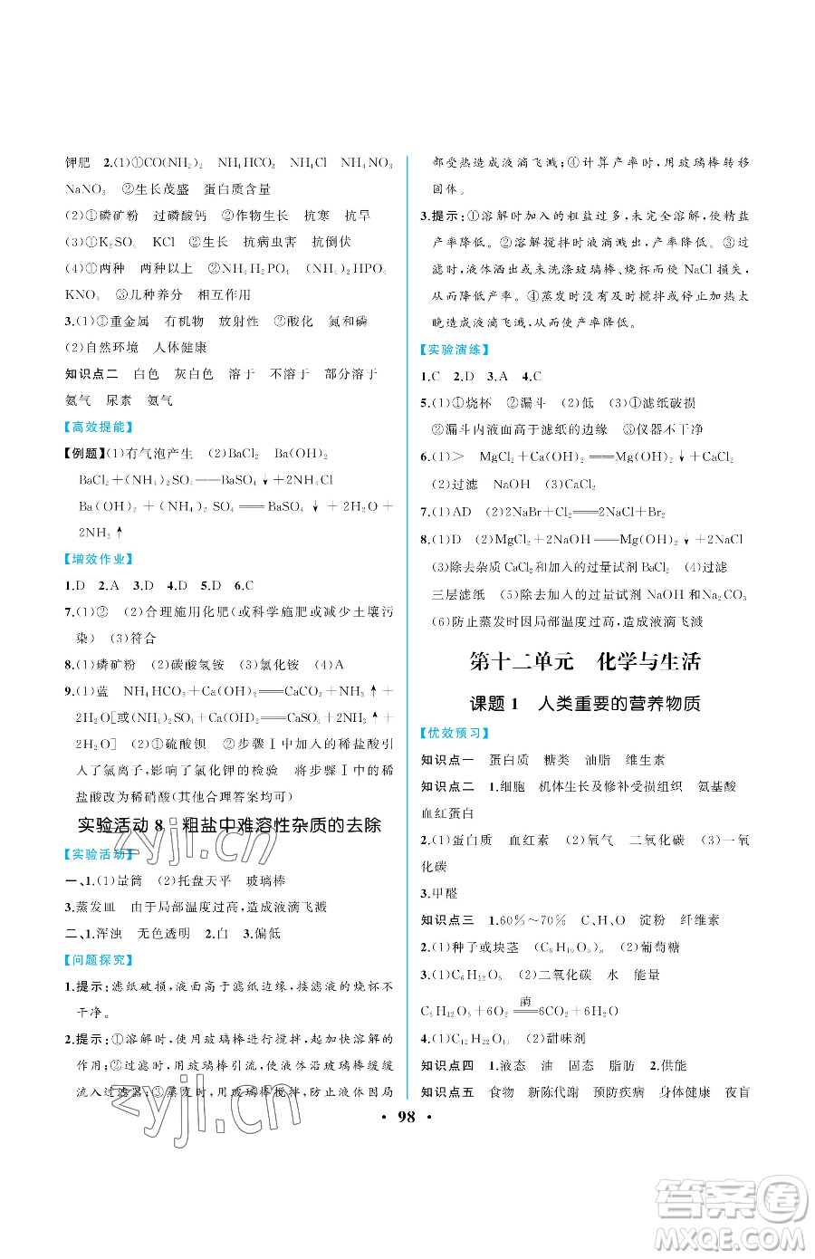 人民教育出版社2023人教金學典同步解析與測評九年級下冊化學人教版重慶專版參考答案