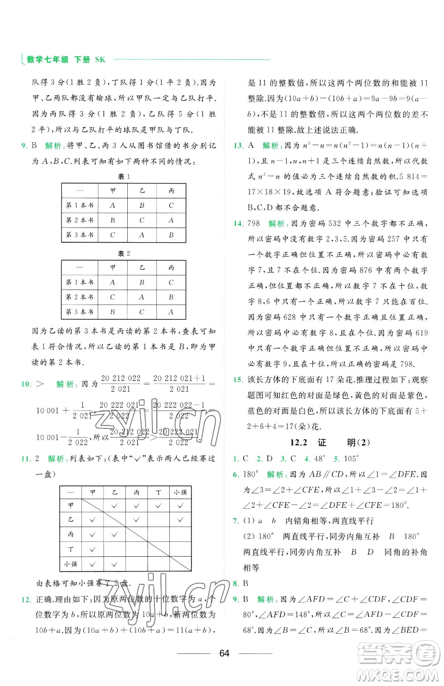 延邊教育出版社2023亮點(diǎn)給力提優(yōu)課時(shí)作業(yè)本七年級下冊數(shù)學(xué)蘇科版參考答案