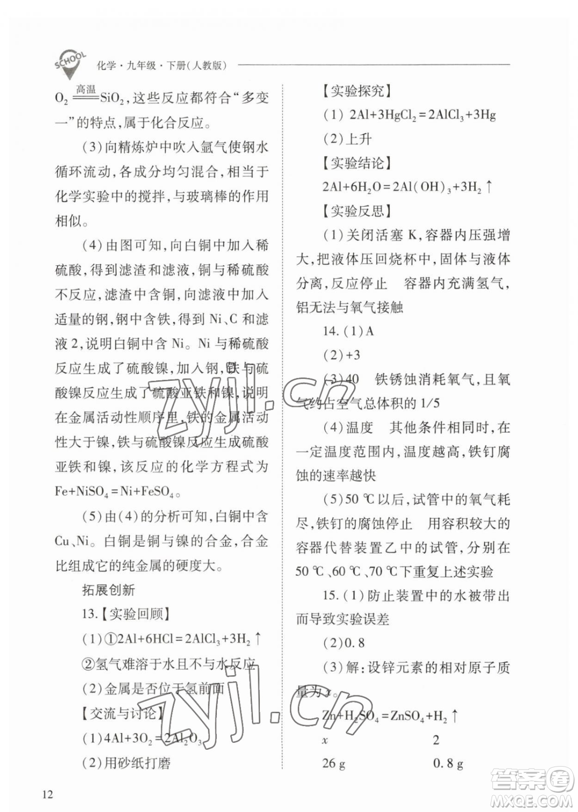 山西教育出版社2023新課程問題解決導學方案九年級下冊化學人教版參考答案