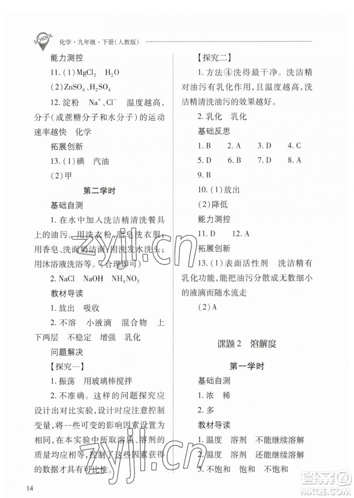 山西教育出版社2023新課程問題解決導學方案九年級下冊化學人教版參考答案