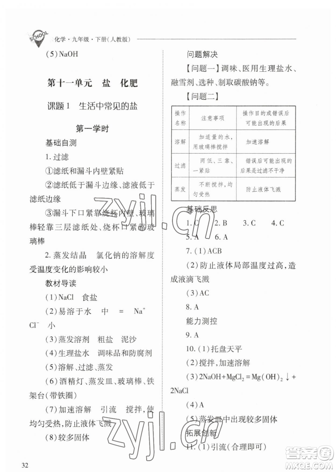 山西教育出版社2023新課程問題解決導學方案九年級下冊化學人教版參考答案