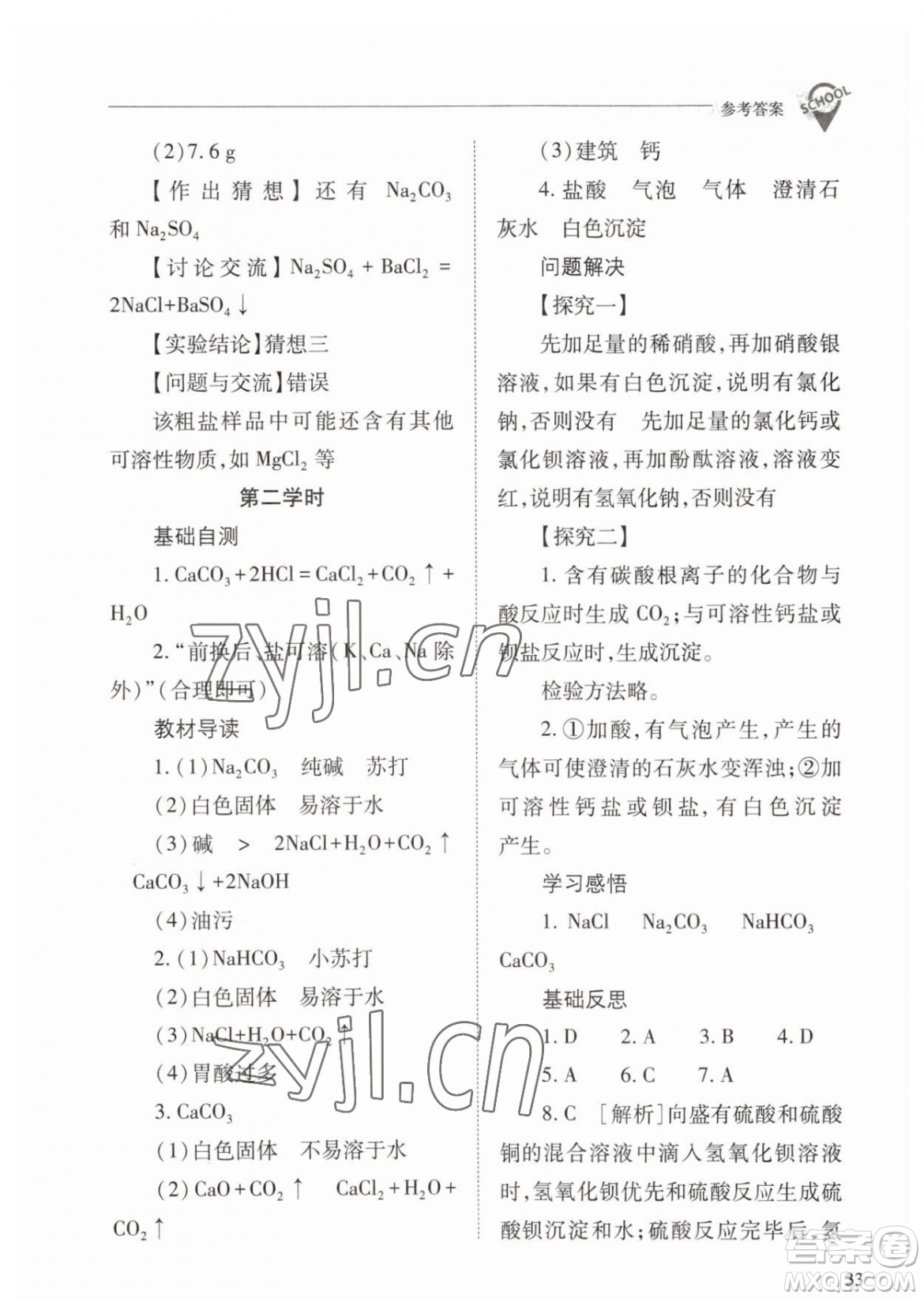 山西教育出版社2023新課程問題解決導學方案九年級下冊化學人教版參考答案