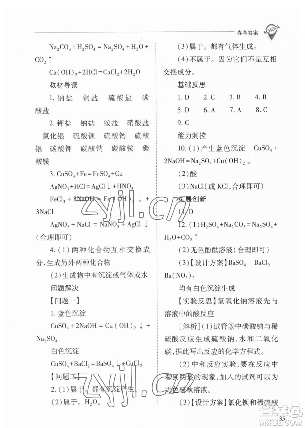 山西教育出版社2023新課程問題解決導學方案九年級下冊化學人教版參考答案