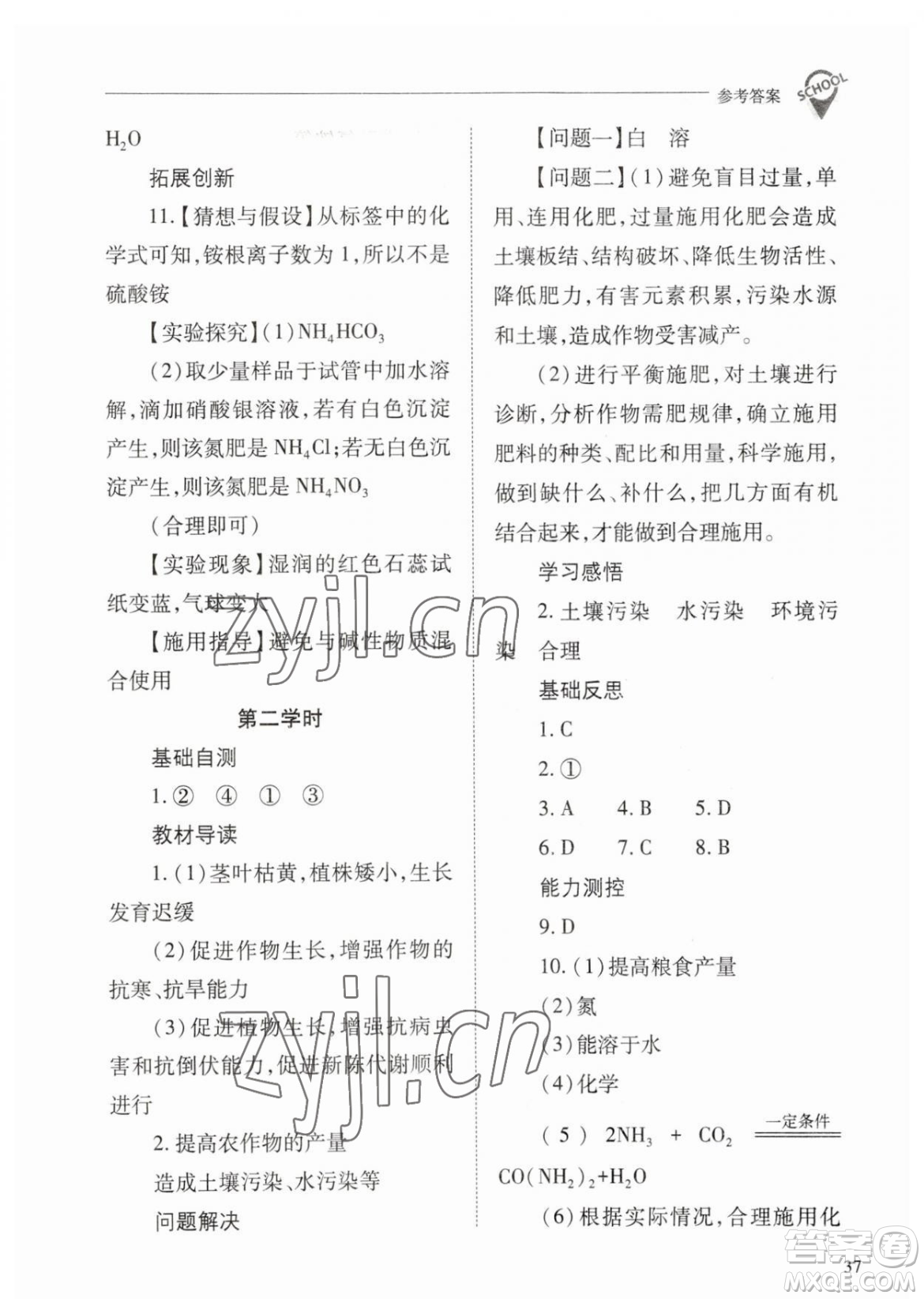 山西教育出版社2023新課程問題解決導學方案九年級下冊化學人教版參考答案