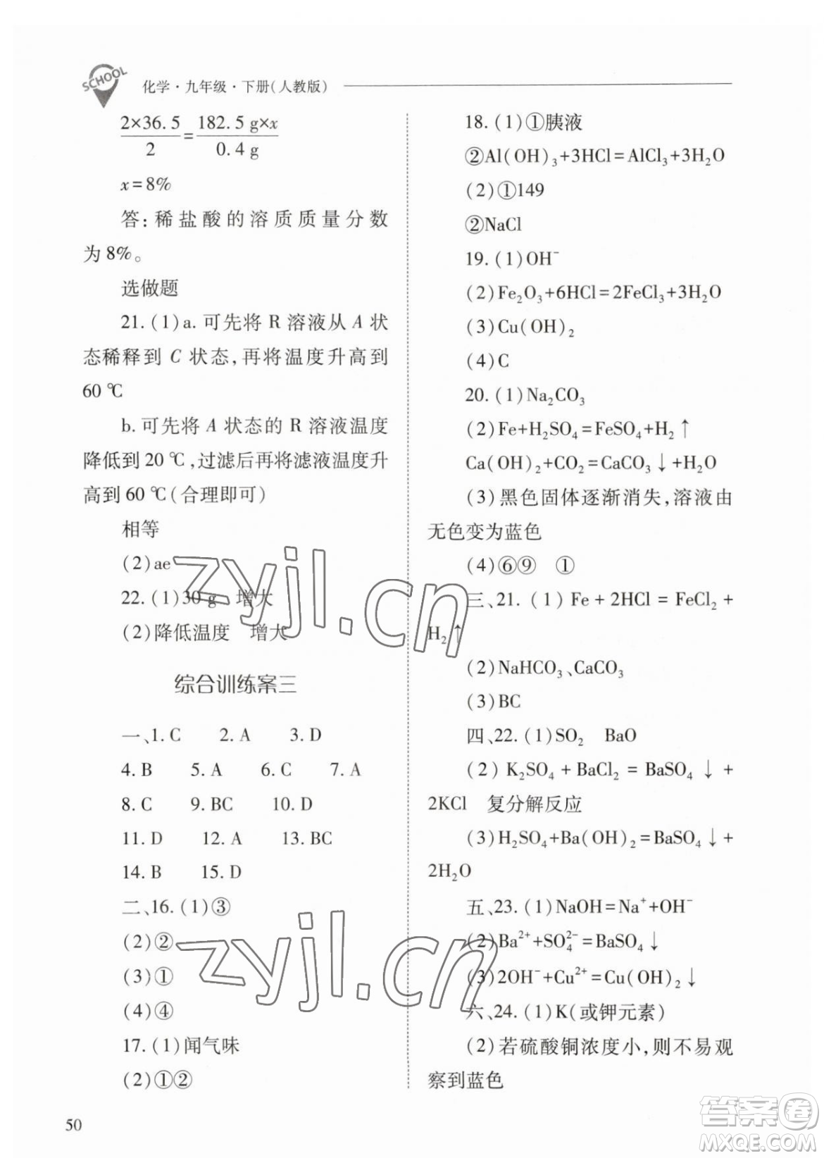 山西教育出版社2023新課程問題解決導學方案九年級下冊化學人教版參考答案