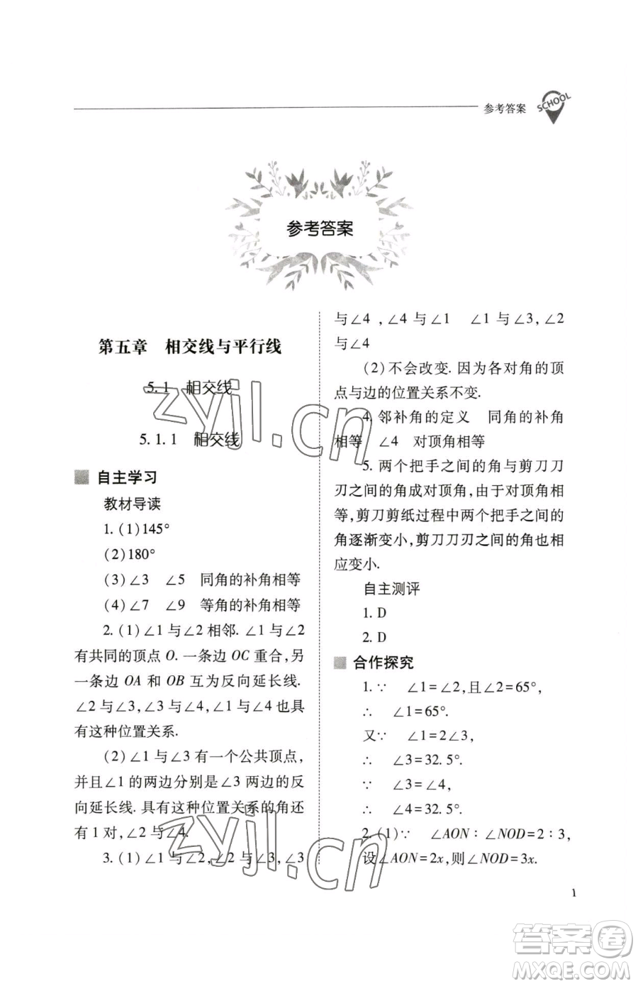 山西教育出版社2023新課程問(wèn)題解決導(dǎo)學(xué)方案七年級(jí)下冊(cè)數(shù)學(xué)人教版參考答案