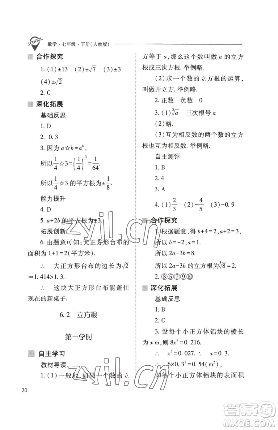 山西教育出版社2023新課程問(wèn)題解決導(dǎo)學(xué)方案七年級(jí)下冊(cè)數(shù)學(xué)人教版參考答案