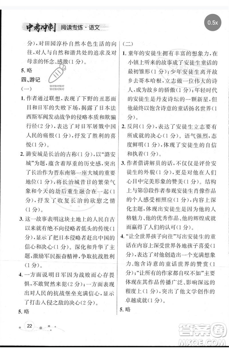 現(xiàn)代教育出版社2023大連中考沖刺專題復(fù)習(xí)九年級語文閱讀專練通用版參考答案