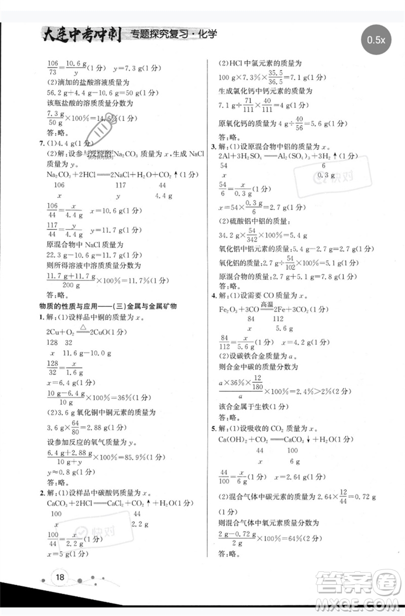 現(xiàn)代教育出版社2023大連中考沖刺專題復(fù)習(xí)九年級化學(xué)通用版參考答案