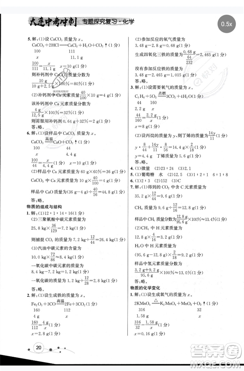 現(xiàn)代教育出版社2023大連中考沖刺專題復(fù)習(xí)九年級化學(xué)通用版參考答案