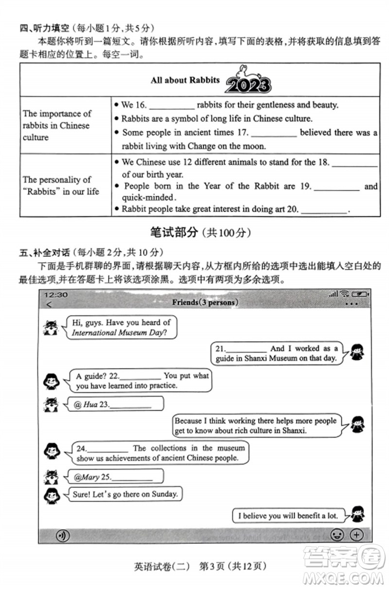 2023年太原市中考二模英語試卷答案