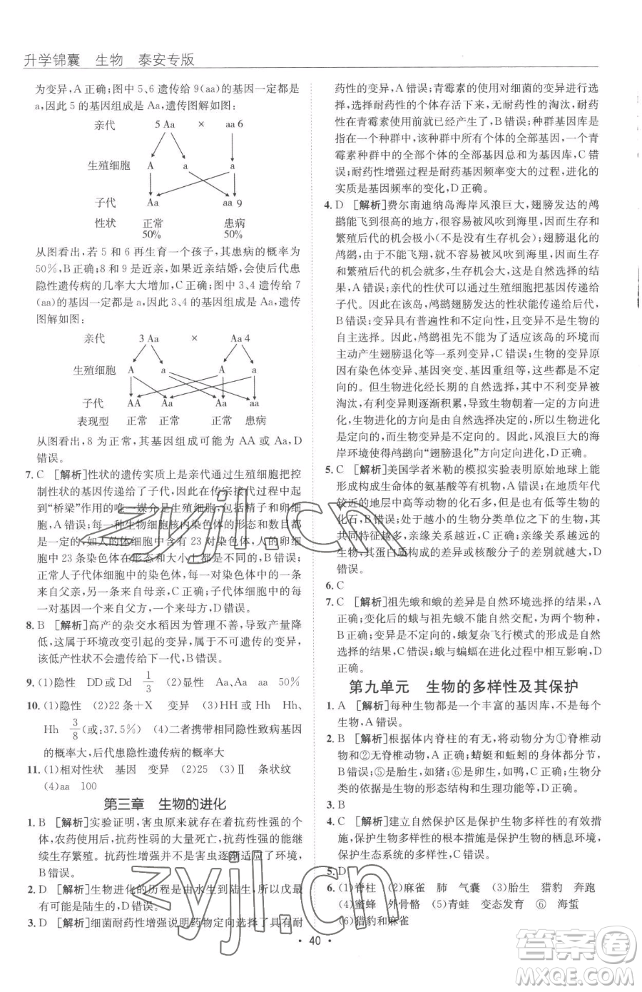 新疆青少年出版社2023升學(xué)錦囊九年級全一冊生物泰安專版參考答案