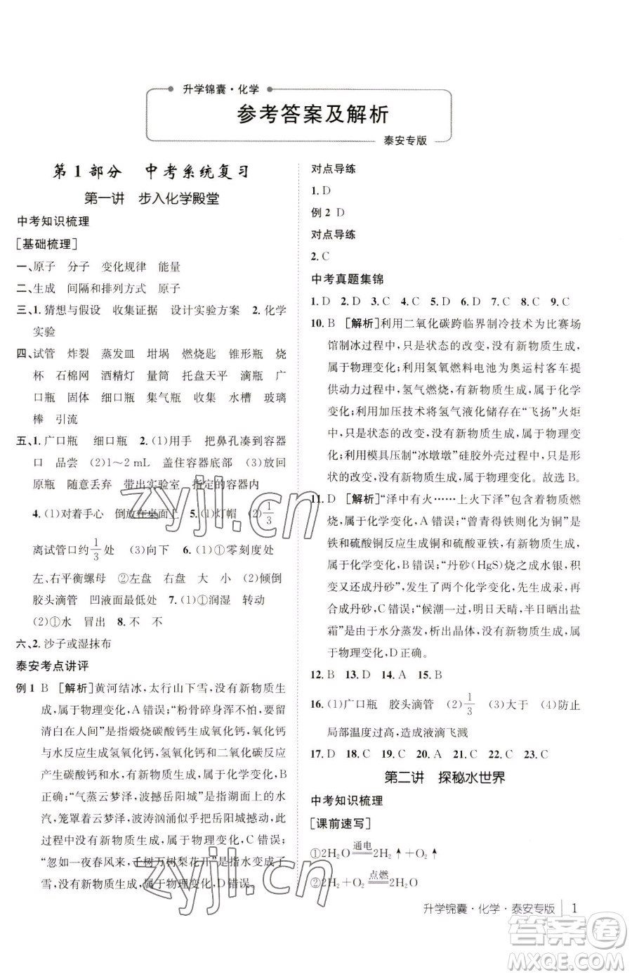 新疆青少年出版社2023升學(xué)錦囊九年級全一冊化學(xué)泰安專版參考答案