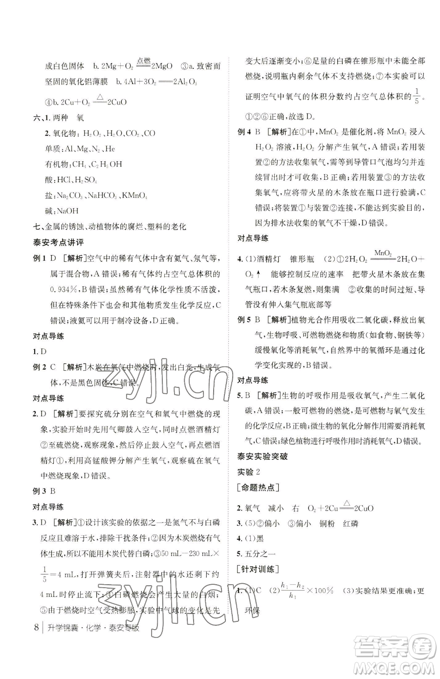 新疆青少年出版社2023升學(xué)錦囊九年級全一冊化學(xué)泰安專版參考答案