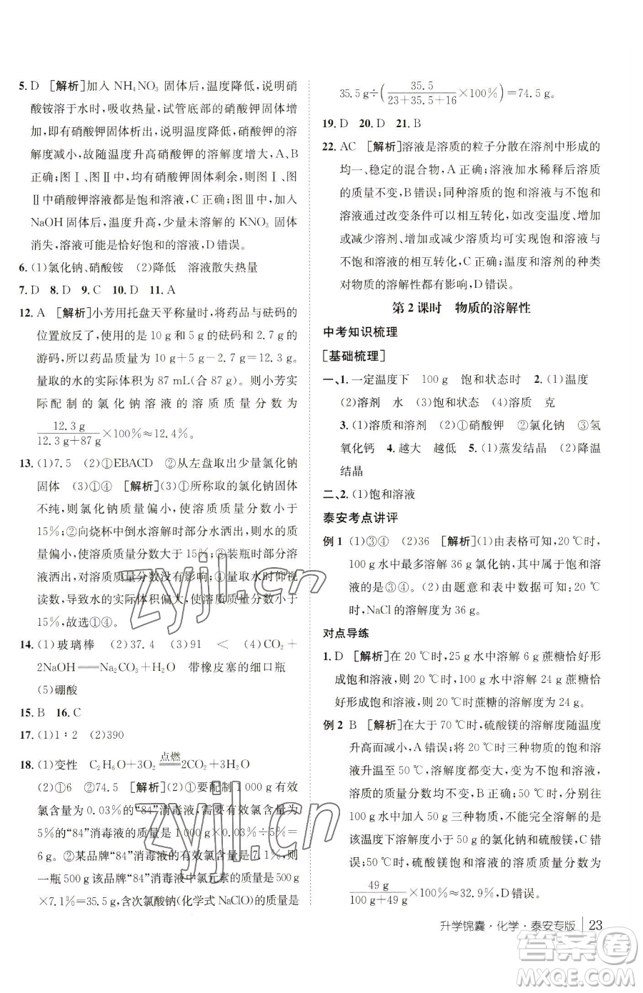 新疆青少年出版社2023升學(xué)錦囊九年級全一冊化學(xué)泰安專版參考答案