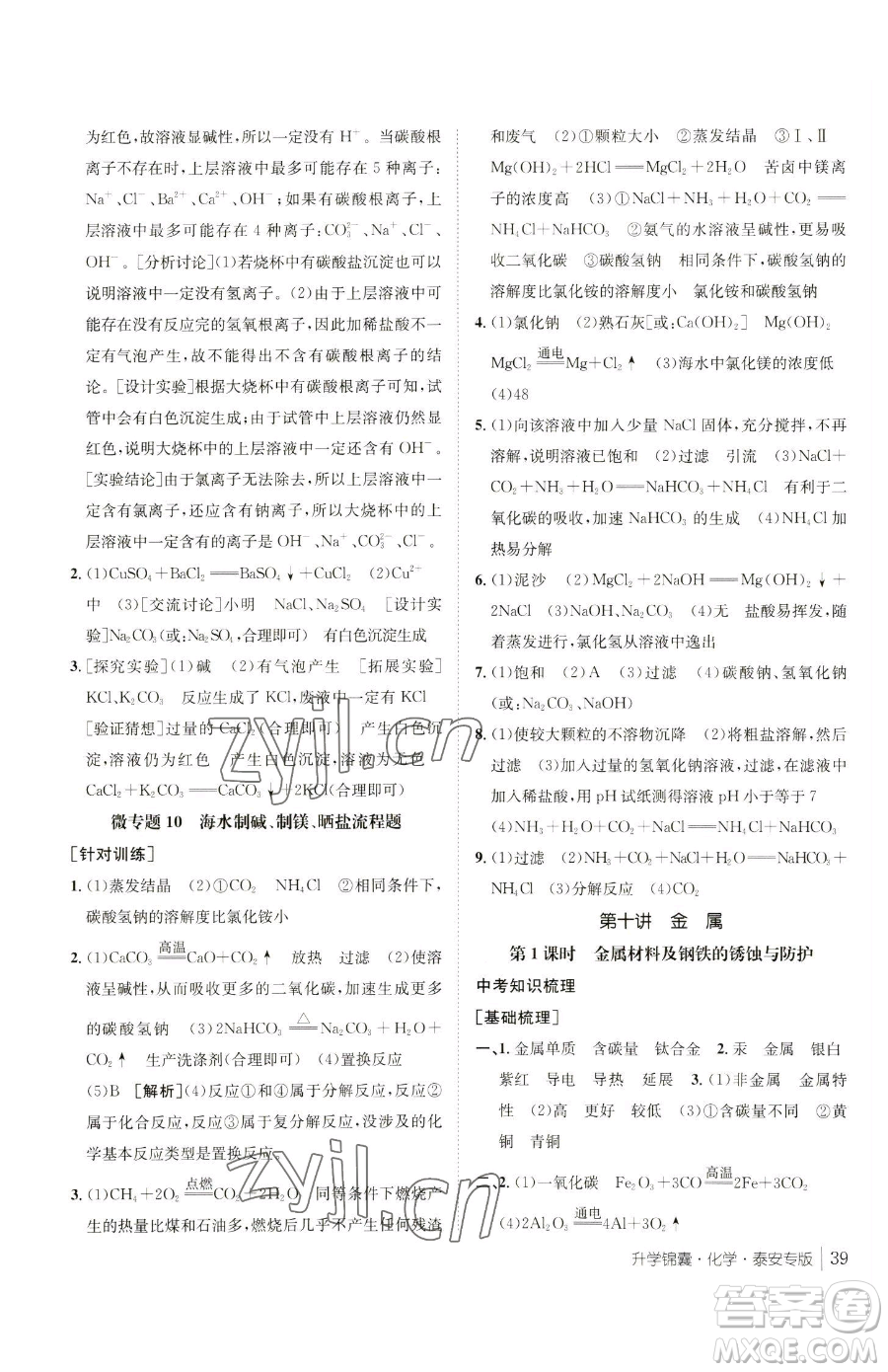 新疆青少年出版社2023升學(xué)錦囊九年級全一冊化學(xué)泰安專版參考答案