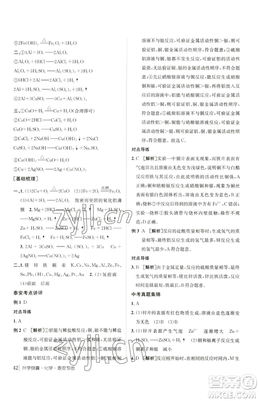 新疆青少年出版社2023升學(xué)錦囊九年級全一冊化學(xué)泰安專版參考答案