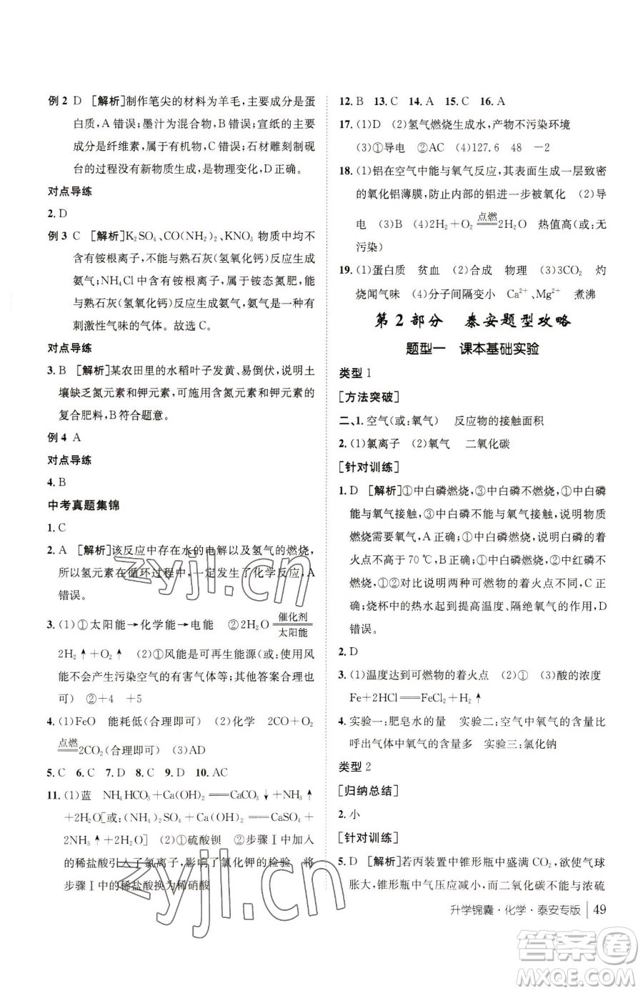 新疆青少年出版社2023升學(xué)錦囊九年級全一冊化學(xué)泰安專版參考答案