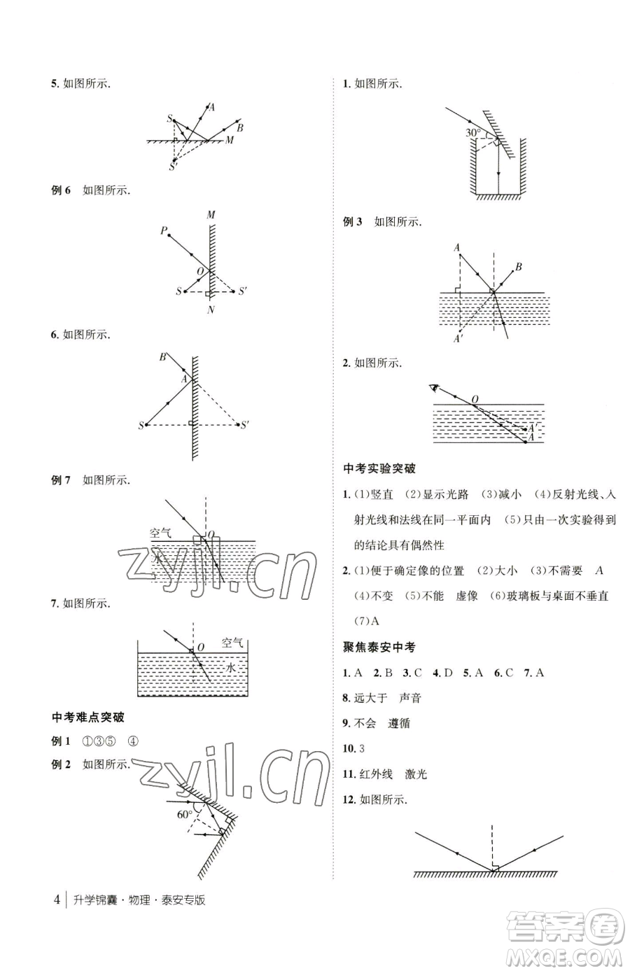 新疆青少年出版社2023升學(xué)錦囊九年級(jí)全一冊(cè)物理泰安專版參考答案