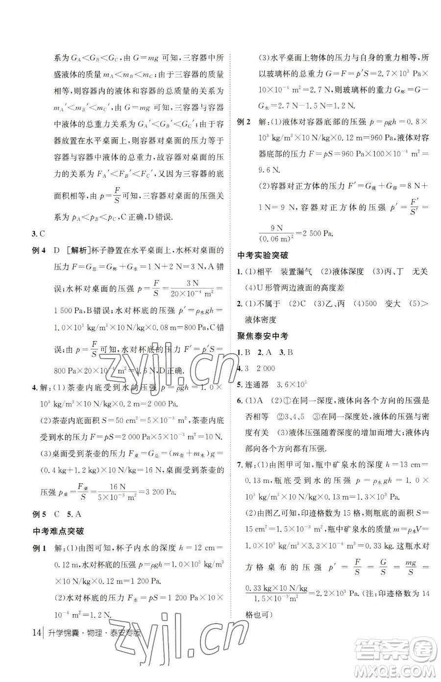 新疆青少年出版社2023升學(xué)錦囊九年級(jí)全一冊(cè)物理泰安專版參考答案