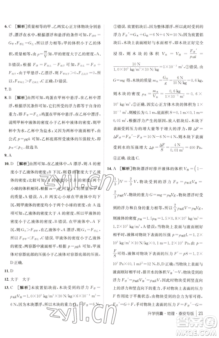 新疆青少年出版社2023升學(xué)錦囊九年級(jí)全一冊(cè)物理泰安專版參考答案