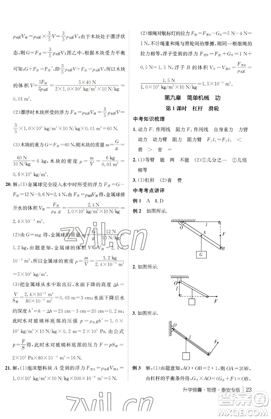 新疆青少年出版社2023升學(xué)錦囊九年級(jí)全一冊(cè)物理泰安專版參考答案