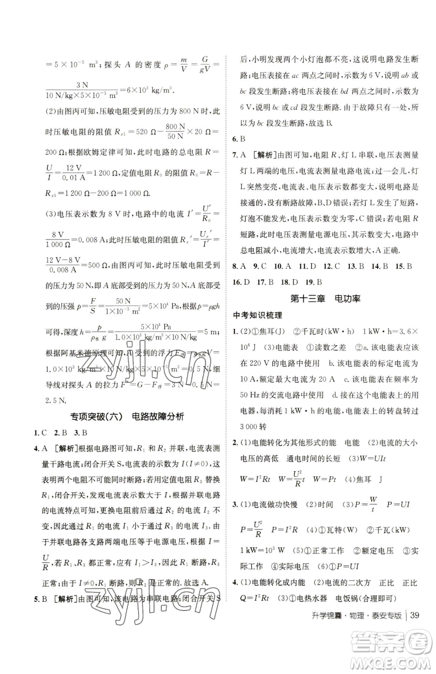 新疆青少年出版社2023升學(xué)錦囊九年級(jí)全一冊(cè)物理泰安專版參考答案