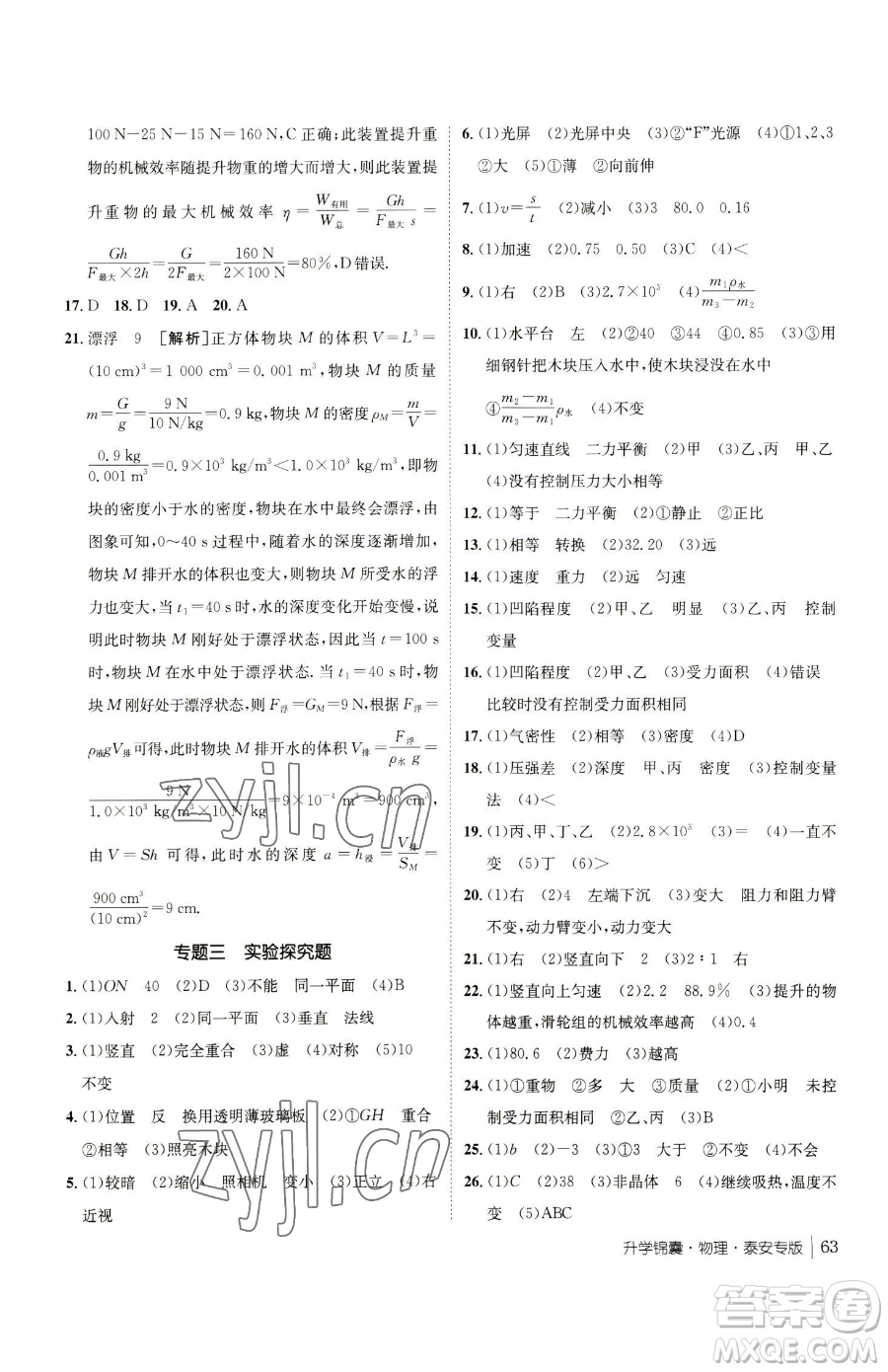 新疆青少年出版社2023升學(xué)錦囊九年級(jí)全一冊(cè)物理泰安專版參考答案