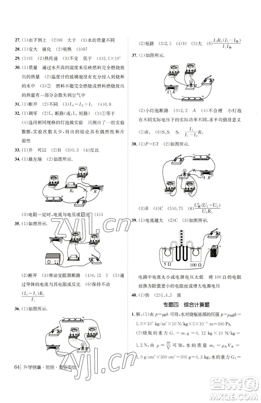 新疆青少年出版社2023升學(xué)錦囊九年級(jí)全一冊(cè)物理泰安專版參考答案