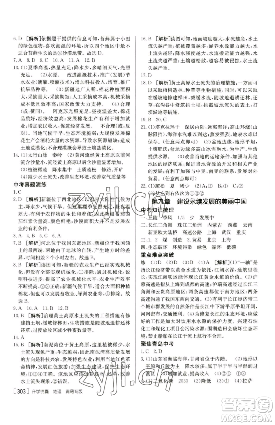 新疆青少年出版社2023升學(xué)錦囊九年級全一冊地理青島專版參考答案