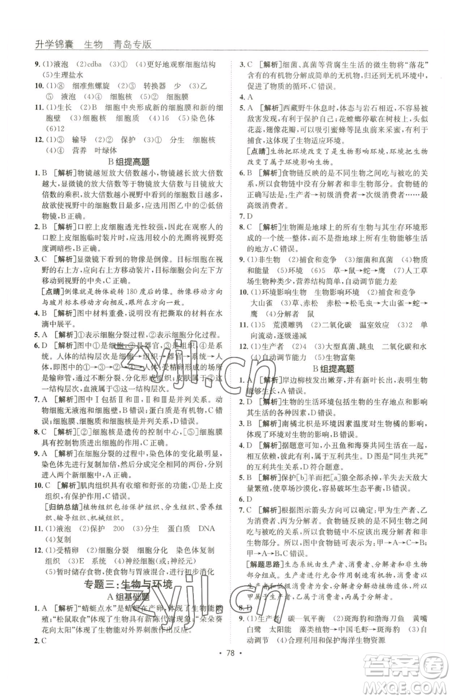 新疆青少年出版社2023升學錦囊九年級全一冊生物青島專版參考答案