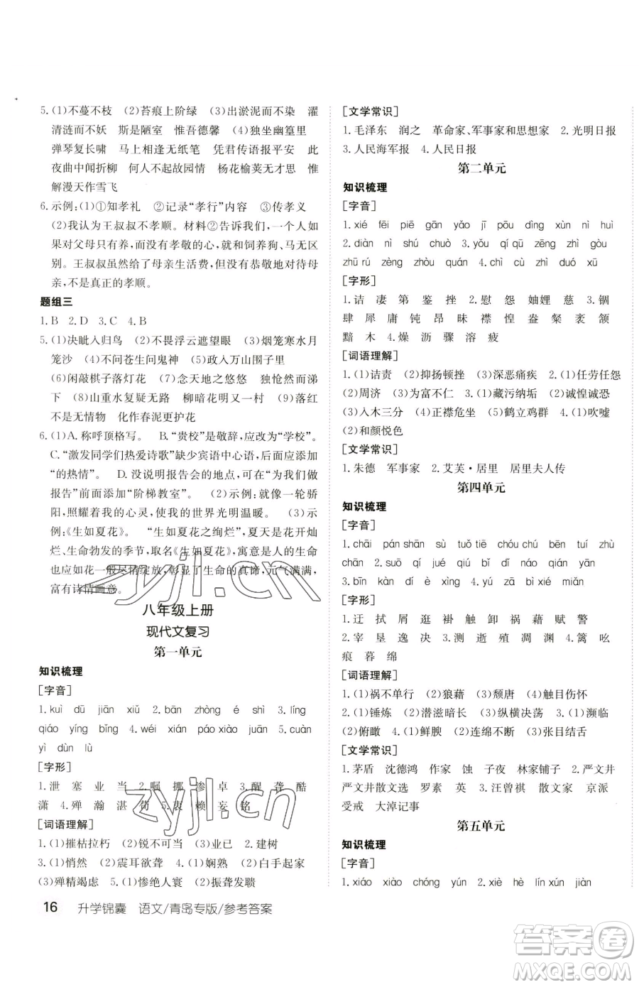 新疆青少年出版社2023升學(xué)錦囊九年級(jí)全一冊(cè)語(yǔ)文青島專版參考答案