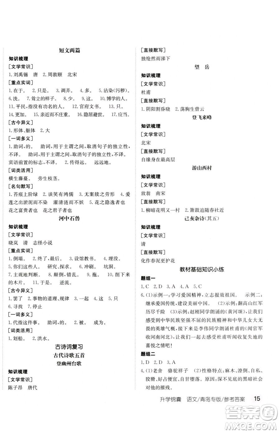 新疆青少年出版社2023升學(xué)錦囊九年級(jí)全一冊(cè)語(yǔ)文青島專版參考答案