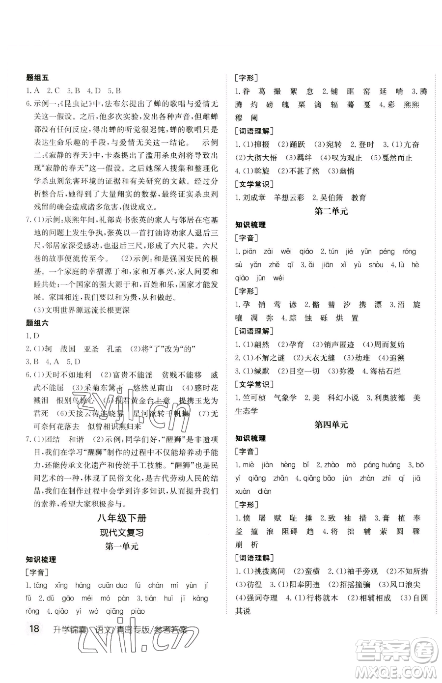 新疆青少年出版社2023升學(xué)錦囊九年級(jí)全一冊(cè)語(yǔ)文青島專版參考答案