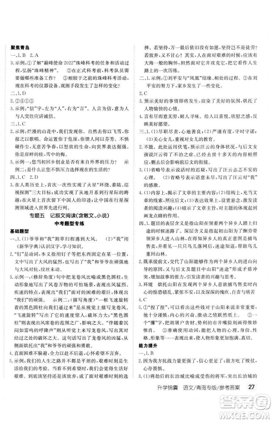 新疆青少年出版社2023升學(xué)錦囊九年級(jí)全一冊(cè)語(yǔ)文青島專版參考答案