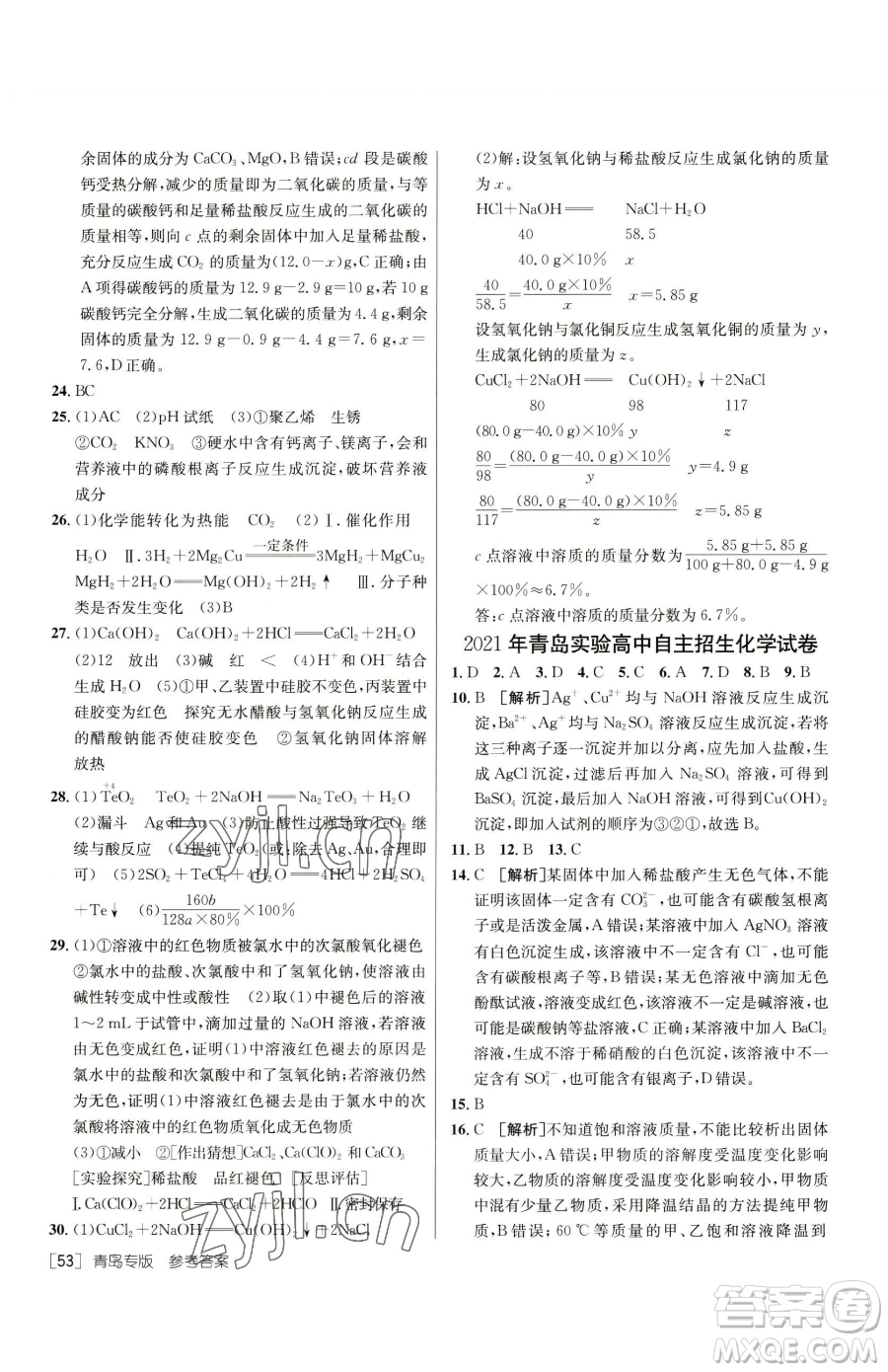 新疆青少年出版社2023升學錦囊九年級全一冊化學青島專版參考答案