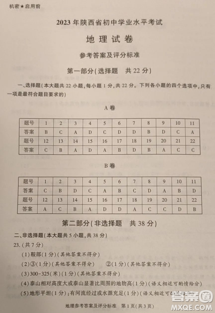 2023陜西中考地理試卷答案