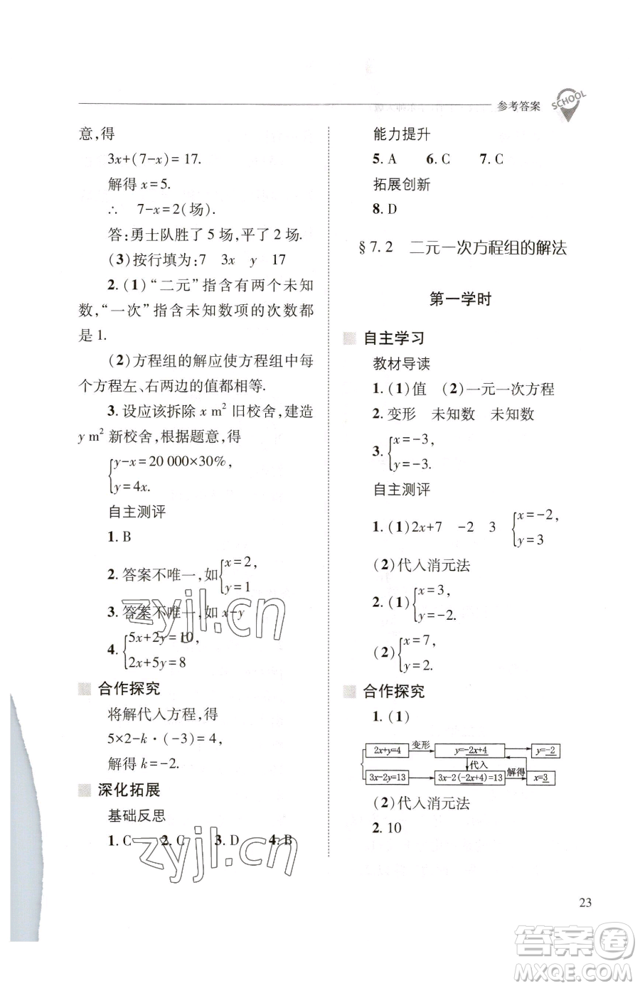 山西教育出版社2023新課程問題解決導(dǎo)學(xué)方案七年級下冊數(shù)學(xué)華東師大版參考答案