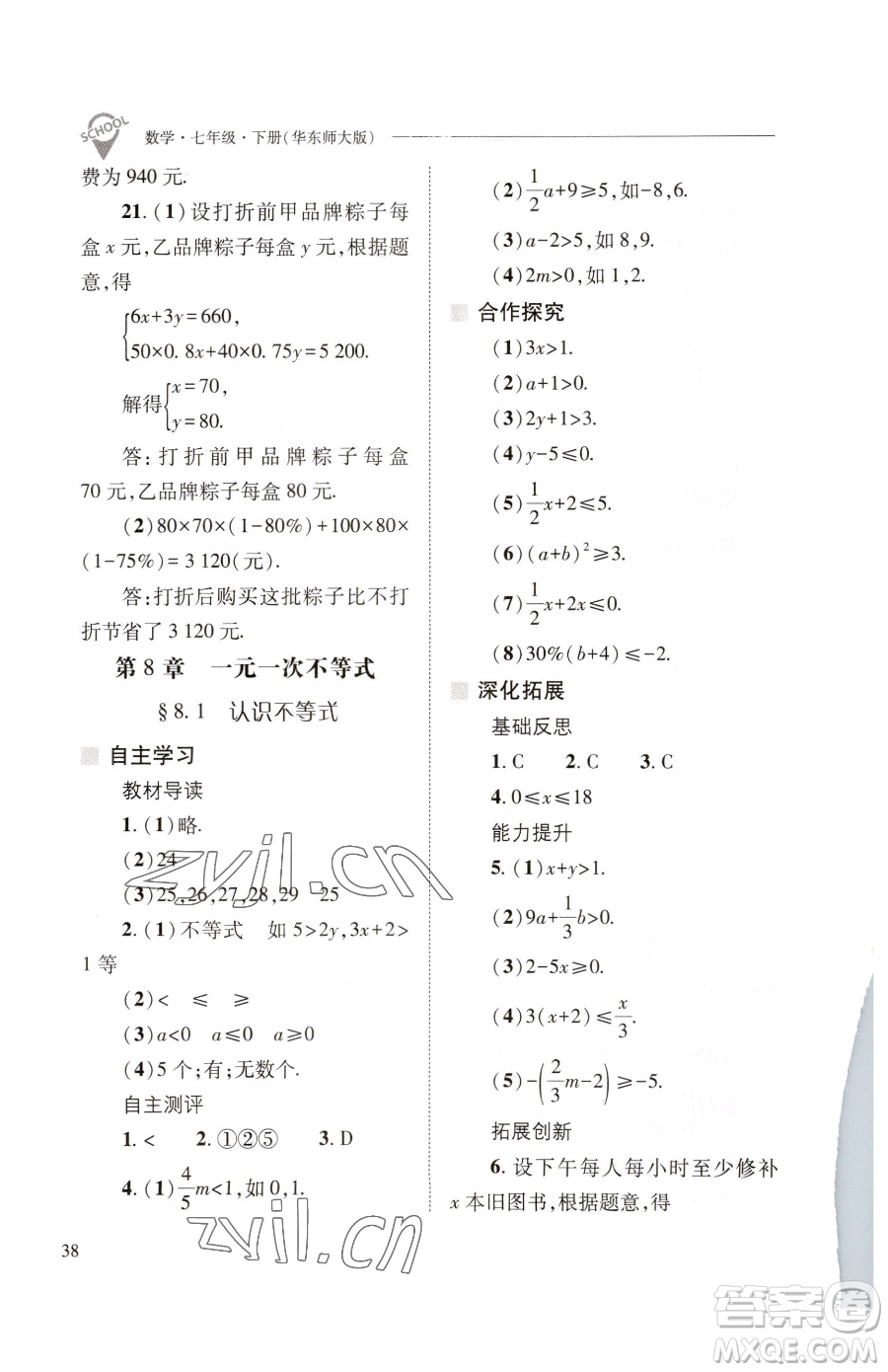 山西教育出版社2023新課程問題解決導(dǎo)學(xué)方案七年級下冊數(shù)學(xué)華東師大版參考答案