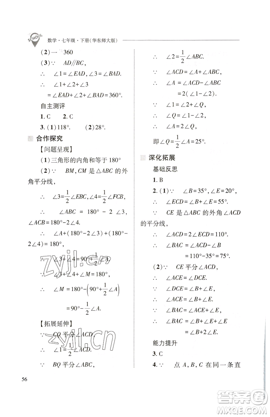 山西教育出版社2023新課程問題解決導(dǎo)學(xué)方案七年級下冊數(shù)學(xué)華東師大版參考答案