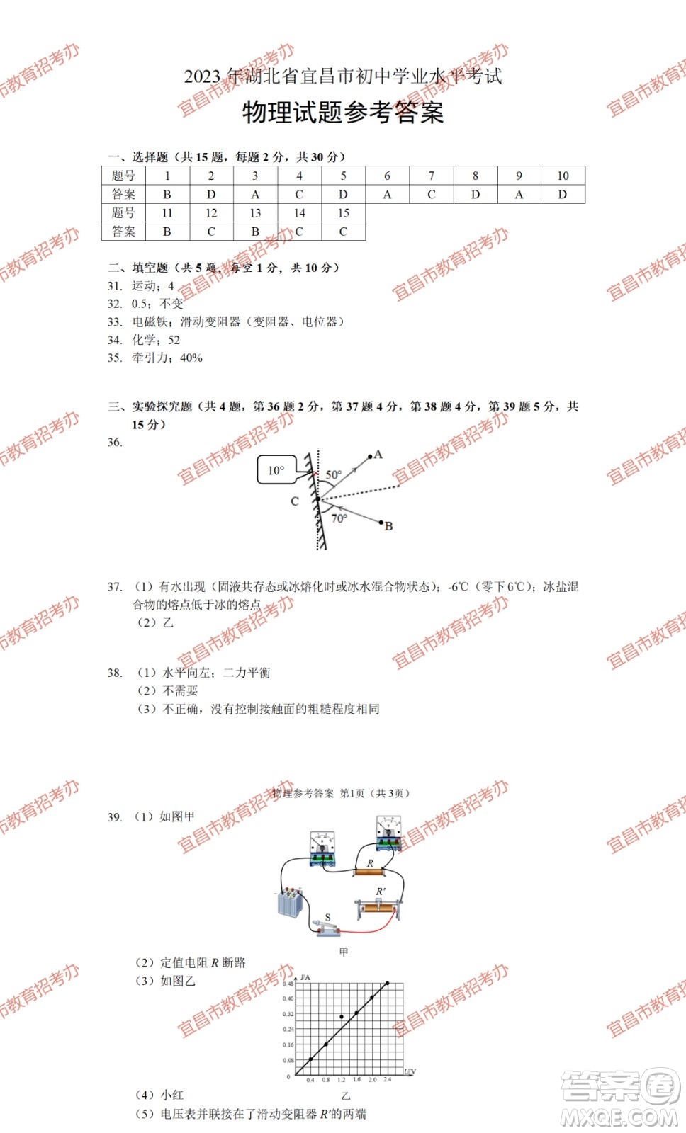 2023宜昌中考物理化學(xué)試卷答案